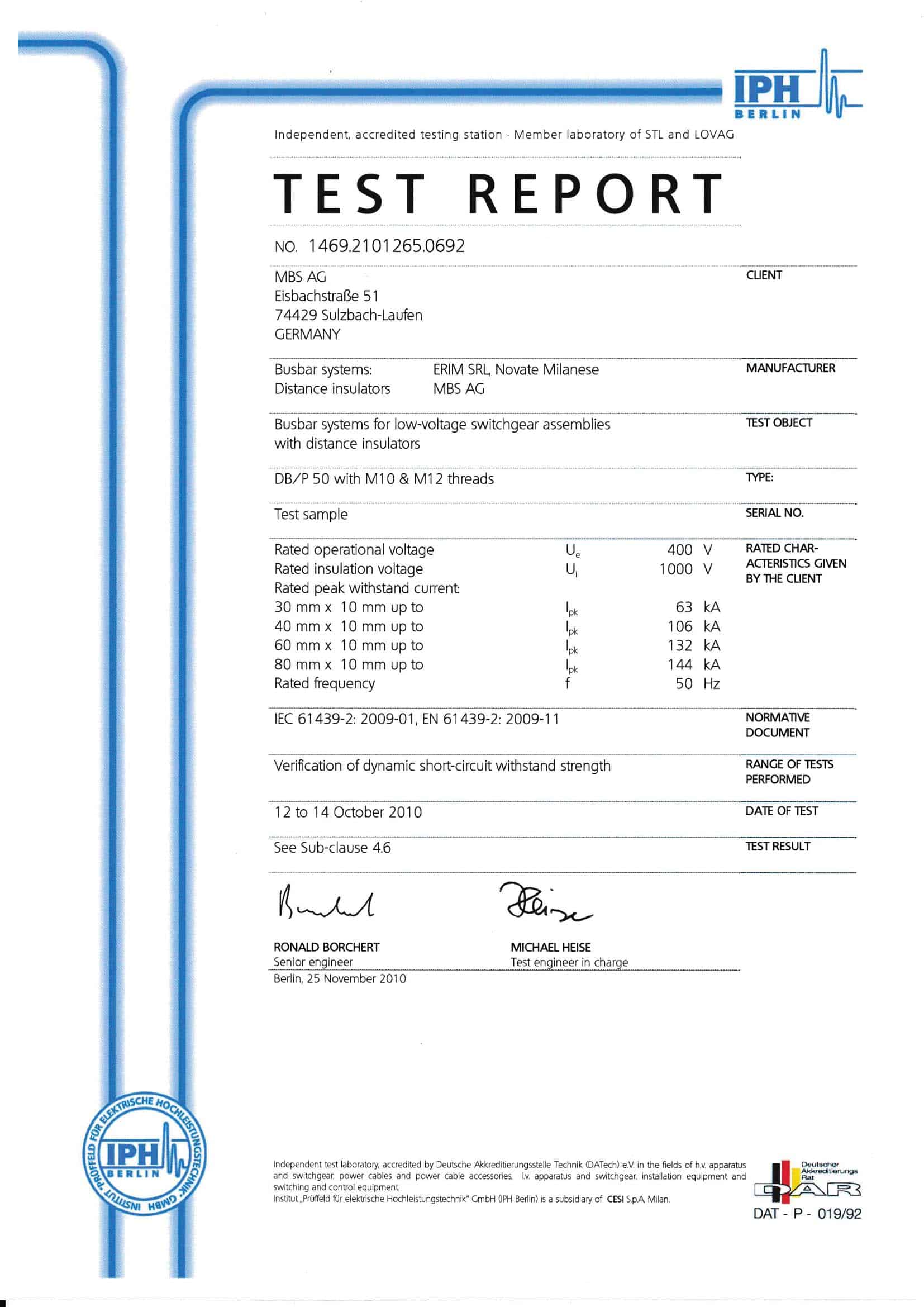 TEST EN 61439-2 ISOLATORI DB/P